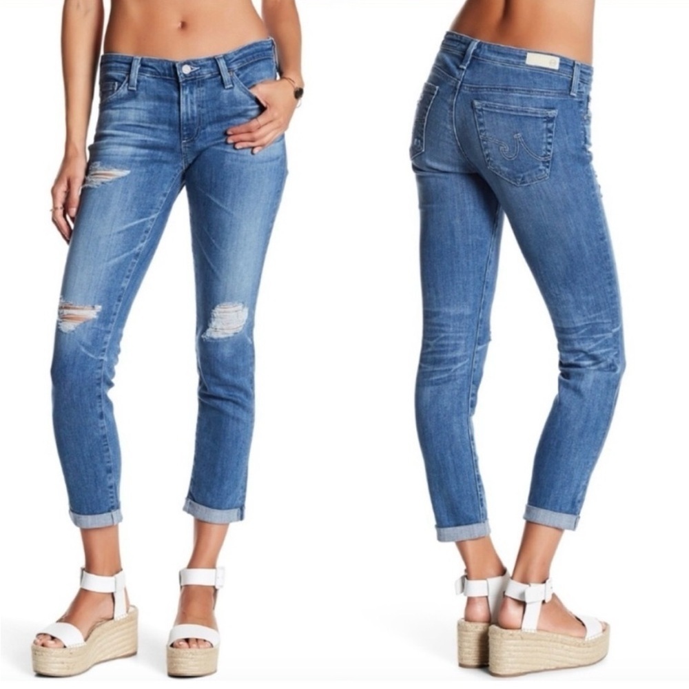 AG Adriano Goldschmied Stilt Cigarette Roll Up Distressed Blue Jeans Size 27
